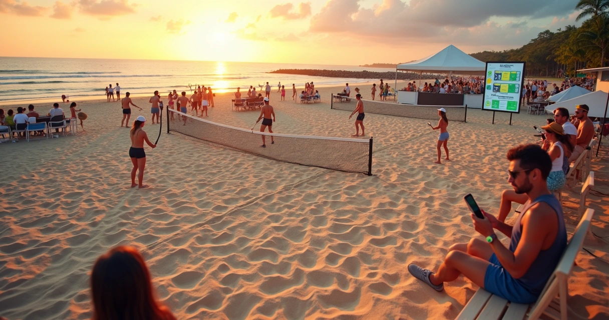 Quadra de beach tennis com jogadores e telão mostrando aplicativo de torneio 
