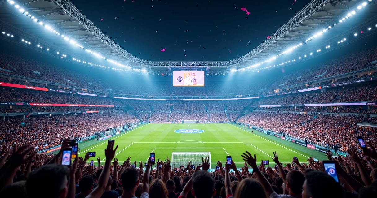 Jogo entre equipes de futebol com streamers, estádio iluminado 