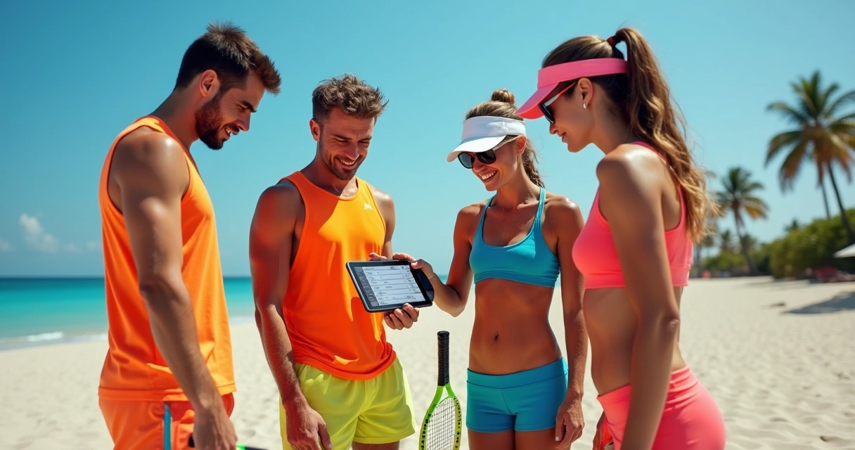 Organizador e atletas discutindo ranking de raquete no tablet 