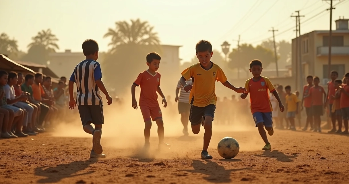 Meninos jogando futebol em torneio de várzea 