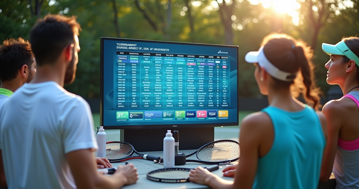 Atletas consultando a tabela de jogos em uma TV no espaço do torneio 