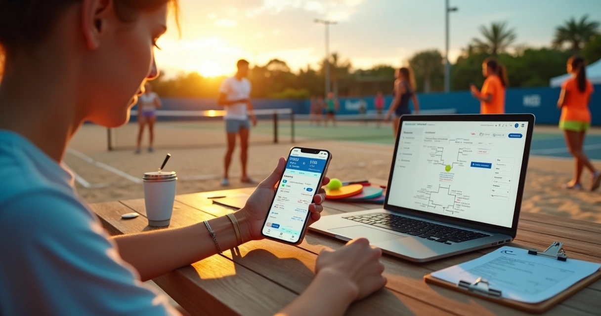 Organizador de torneio de raquete usando o app Play da Galera no celular à beira da quadra 