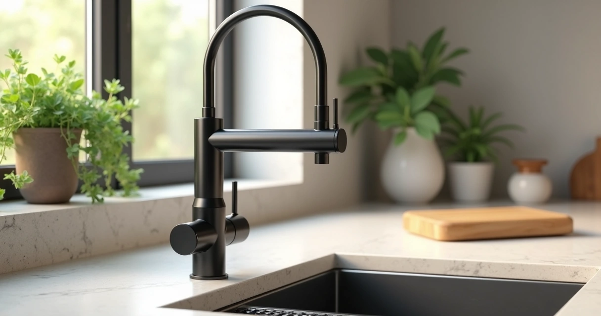 Torneira moderna instalada em cozinha sobre pia de pedra clara, com metais cromados e detalhes em preto fosco. 