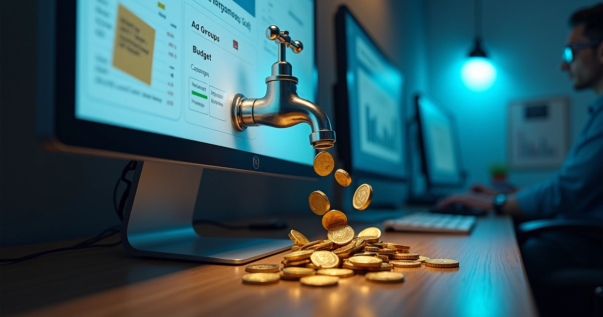 Torneira digital vazando moedas em tela de campanha de mídia paga 