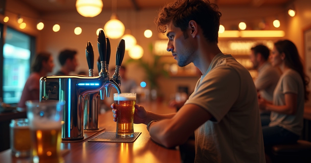 Cliente servindo chope em torneira inteligente self-service