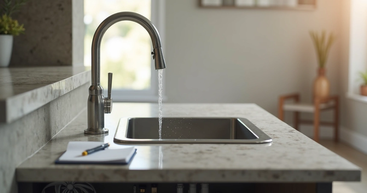 Torneira com gotejamento sobre bancada de cozinha