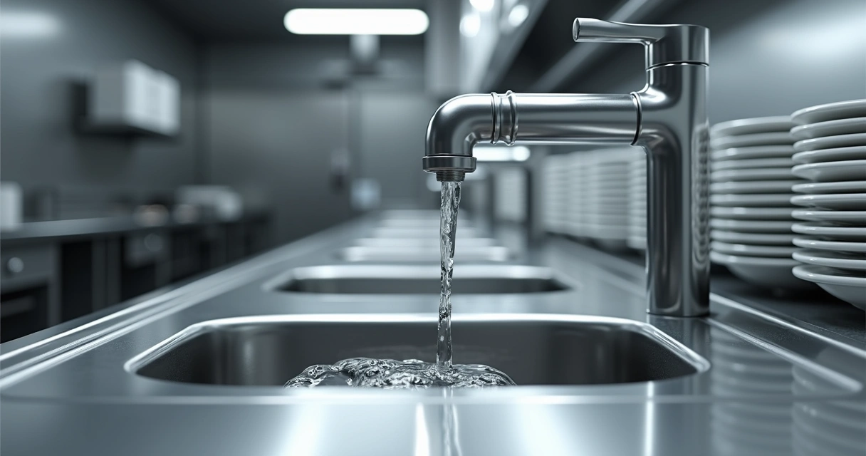 Torneira pingando em bancada de inox de cozinha profissional 