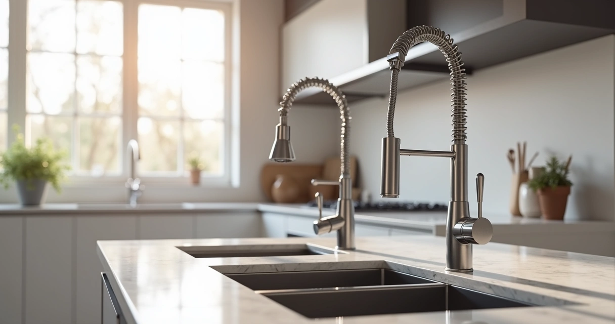 Diferentes modelos de torneiras modernas instaladas em cozinha elegante 