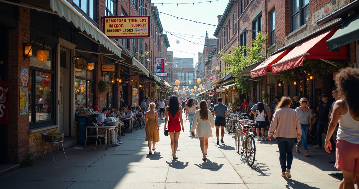 Ruas coloridas do bairro Kensington Market em Toronto, Canadá, com pessoas caminhando e lojas multiculturais 