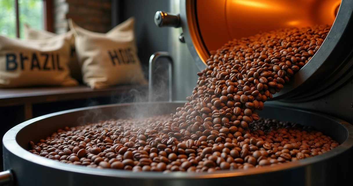 Grãos de café sendo torrados em tambor metálico com fumaça e brilho dourado 
