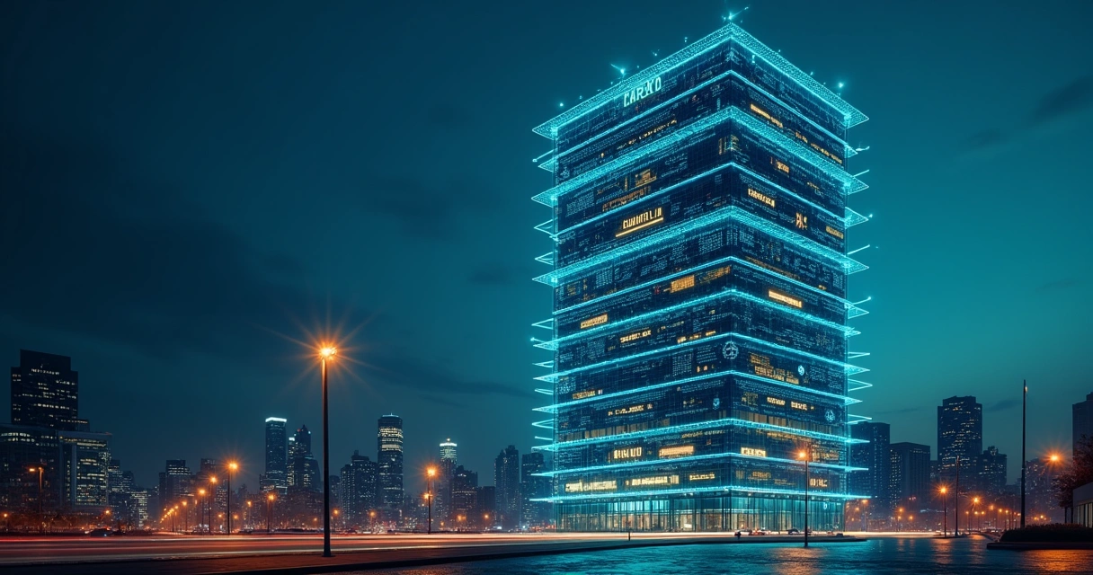 Arranha-céu corporativo com andares em camadas digitais simbolizando contratos e IA 