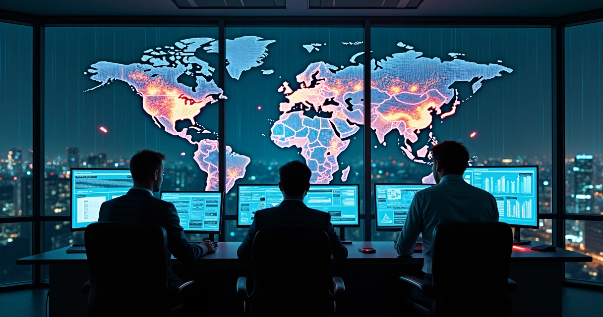 Sala de controle moderno monitorando ameaças digitais em grande cidade 