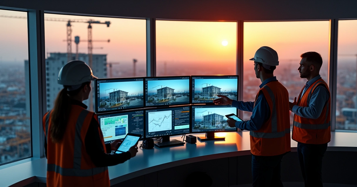 Torre de controle de obras com telas exibindo monitoramento visual e indicadores de IA 