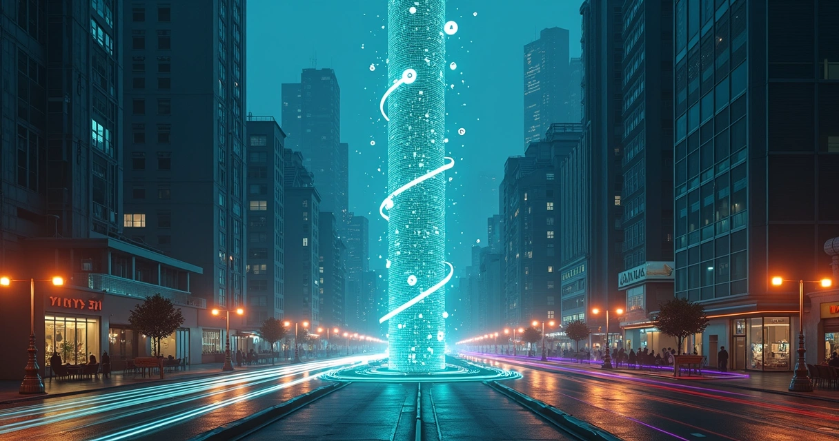 Fluxo de mensagens digitais formando torre luminosa no centro de cidade noturna 