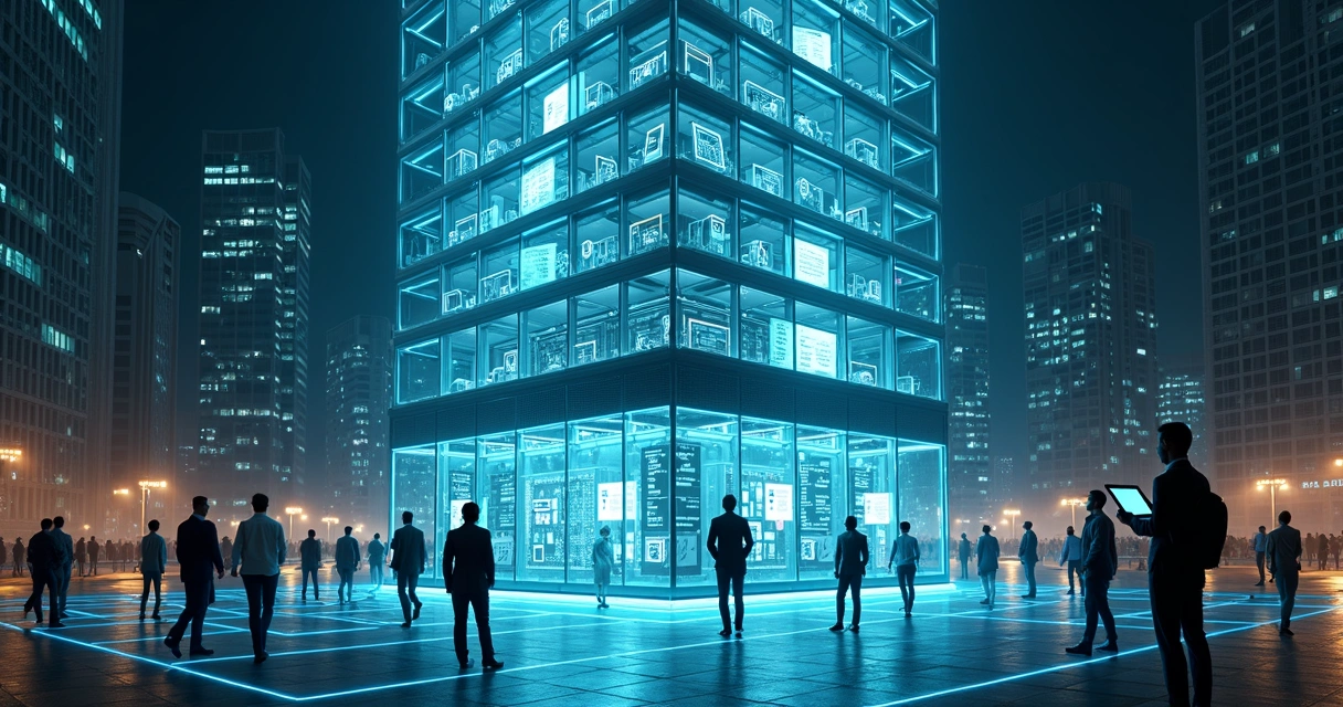 Torre de documentos digitais iluminada no centro de uma cidade moderna à noite 