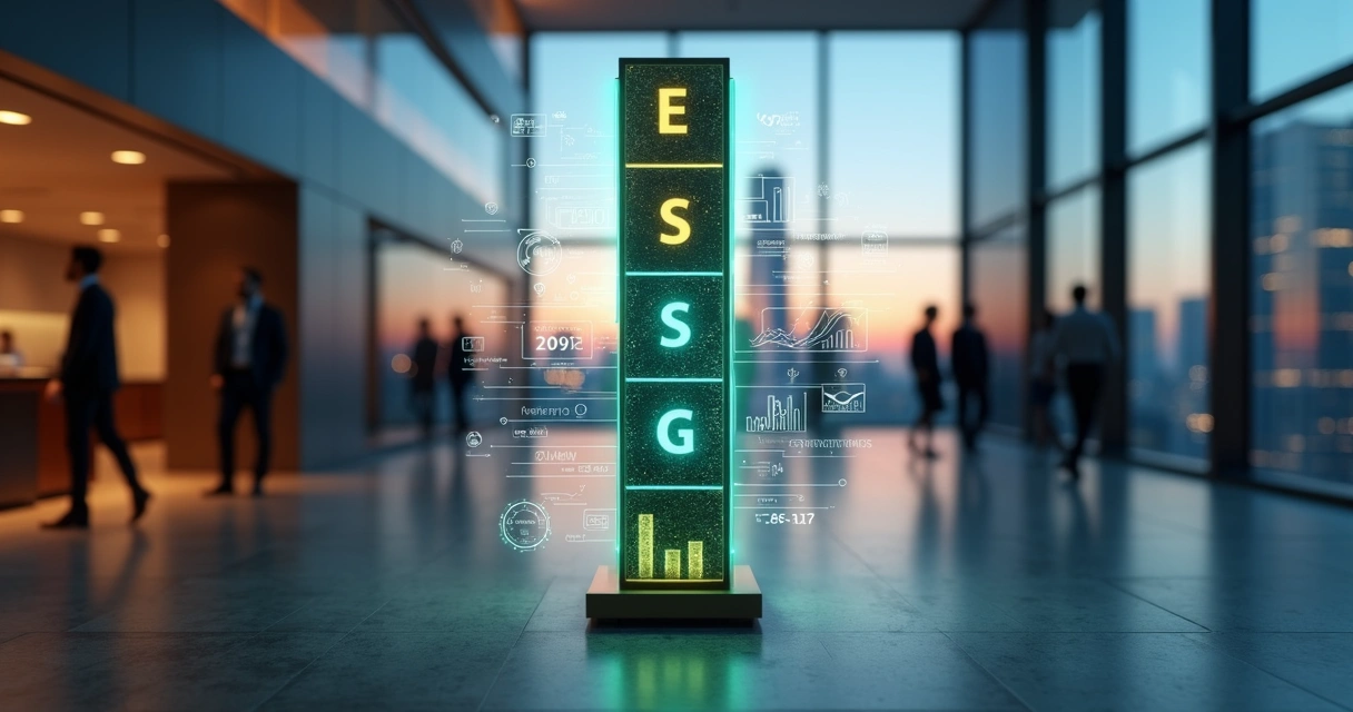 Painel digital em forma de torre destacando pilares ESG integrados a indicadores de valor e ROI 