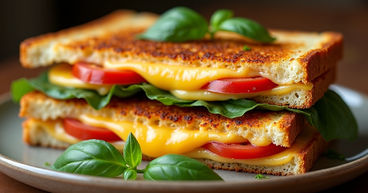 Tostex vegano com queijo derretido, tomate e manjericão 