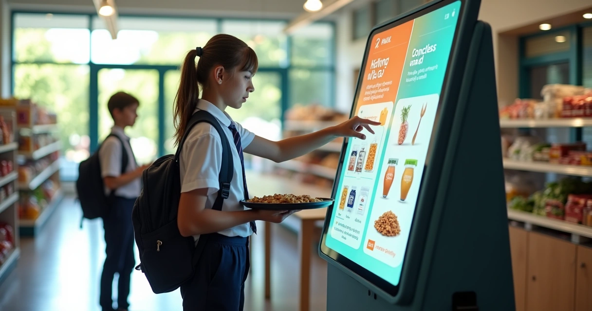 Totem de autoatendimento em cantina escolar moderna com alunos usando pagamentos digitais 