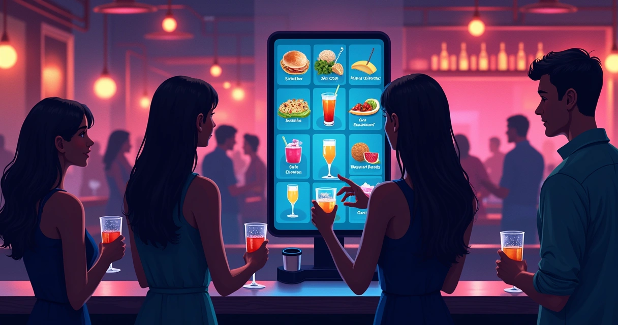 Totem de autoatendimento iluminado em bar à noite 