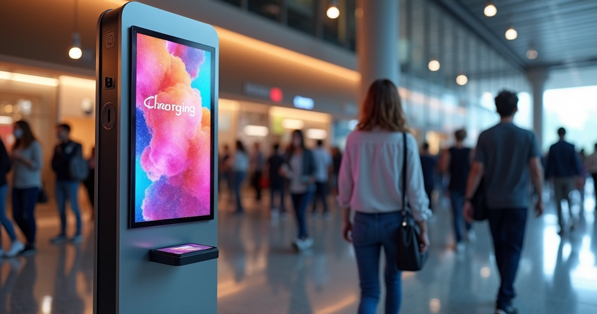 Totem carregador para celular com display digital exibindo anúncios em local de grande circulação 