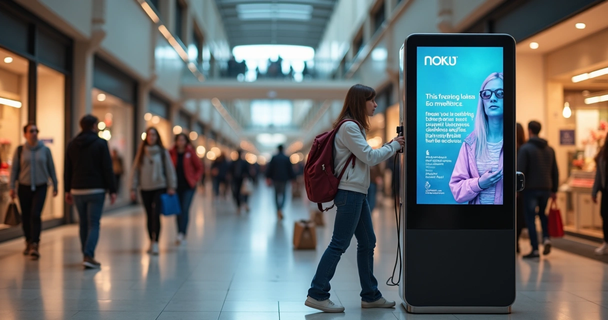 Totem carregador para celular com display digital em ambiente comercial movimentado 
