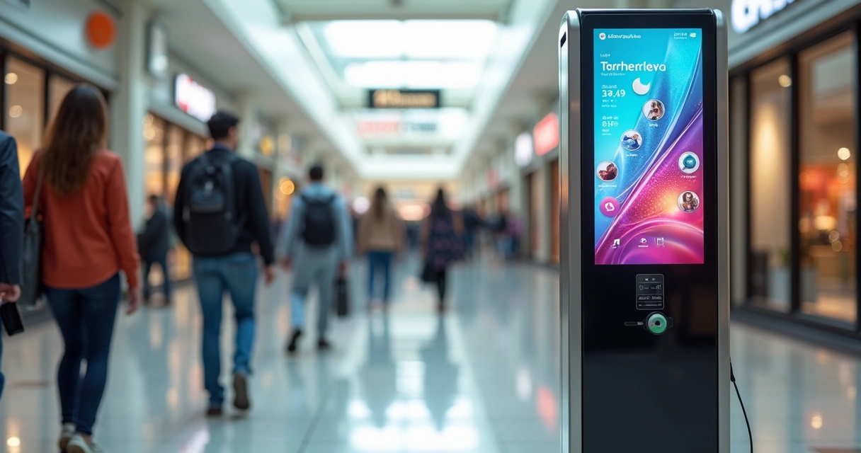 Totem carregador para celular com display digital em local de grande circulação 