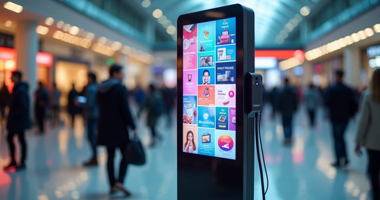 Totem carregador de celular com tela digital em local de grande circulação de pessoas 