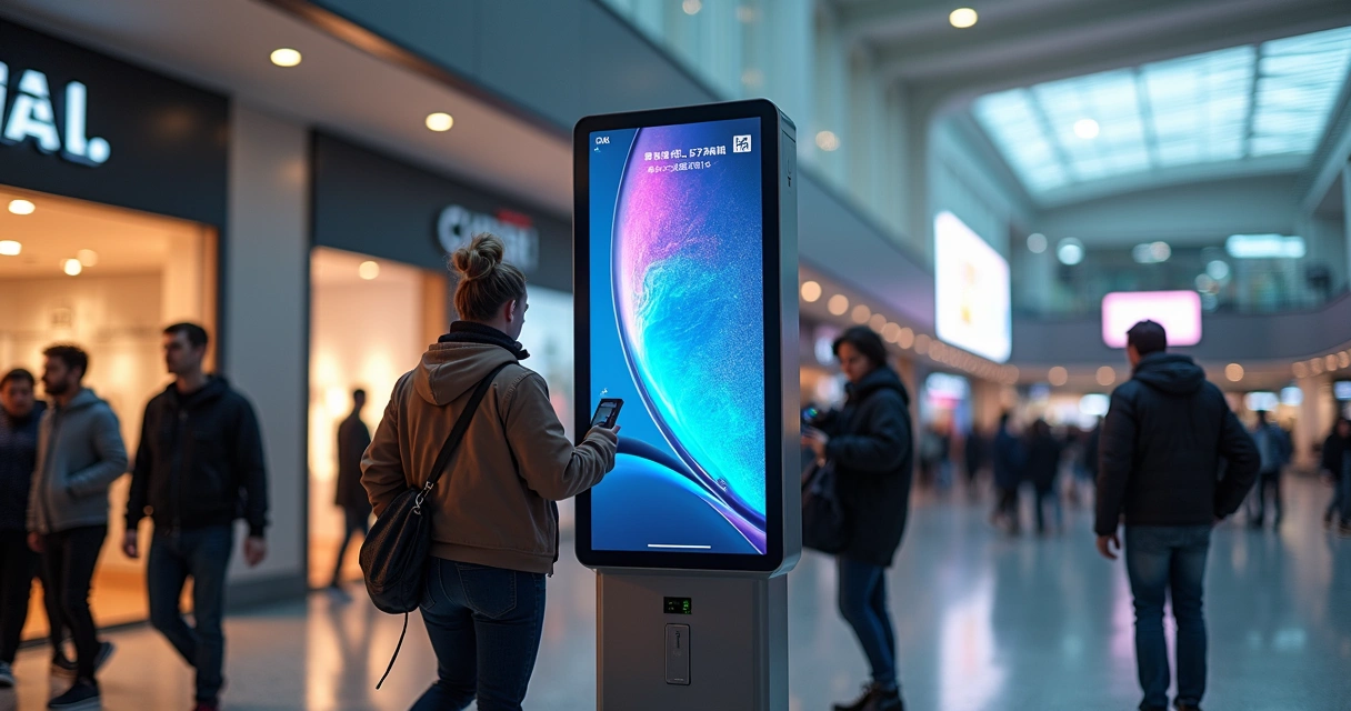 Totem carregador de celular com display digital em ambiente de grande circulação de pessoas 