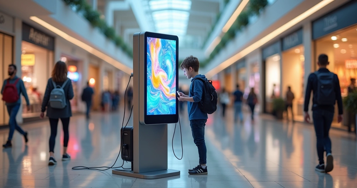 Totem de carregador com display digital em shopping 