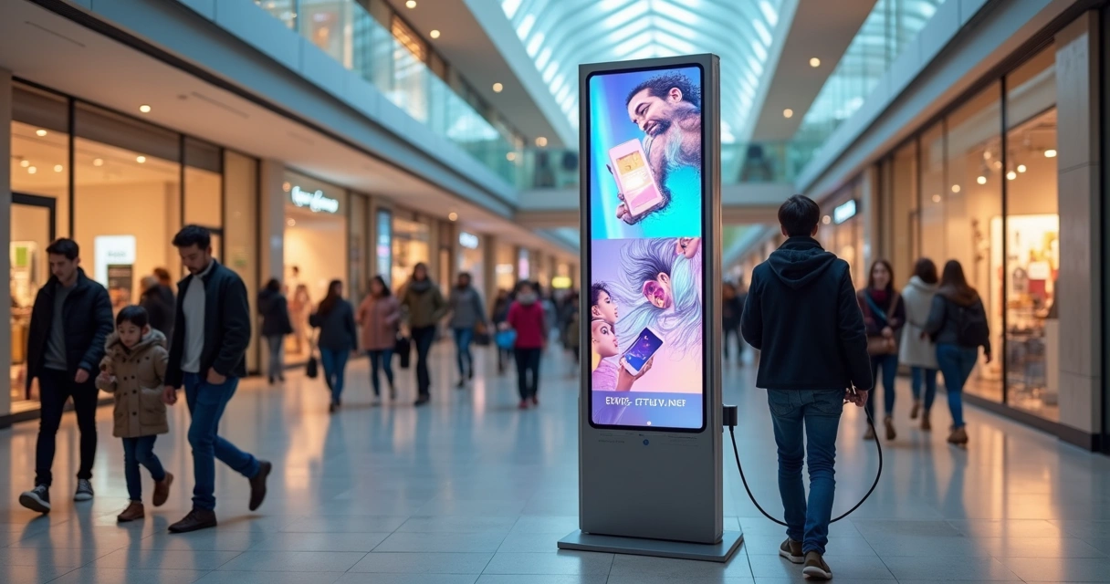 Totem carregador de celular com display digital em shopping movimentado 