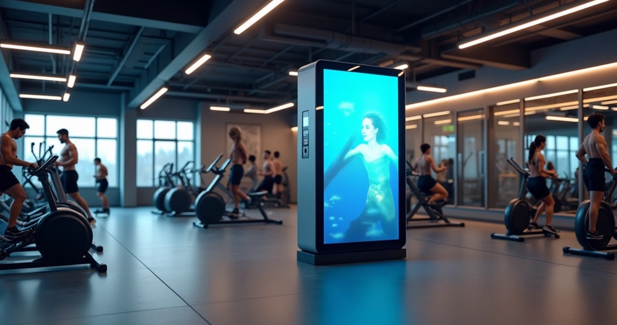 Totem carregador em academia movimentada 