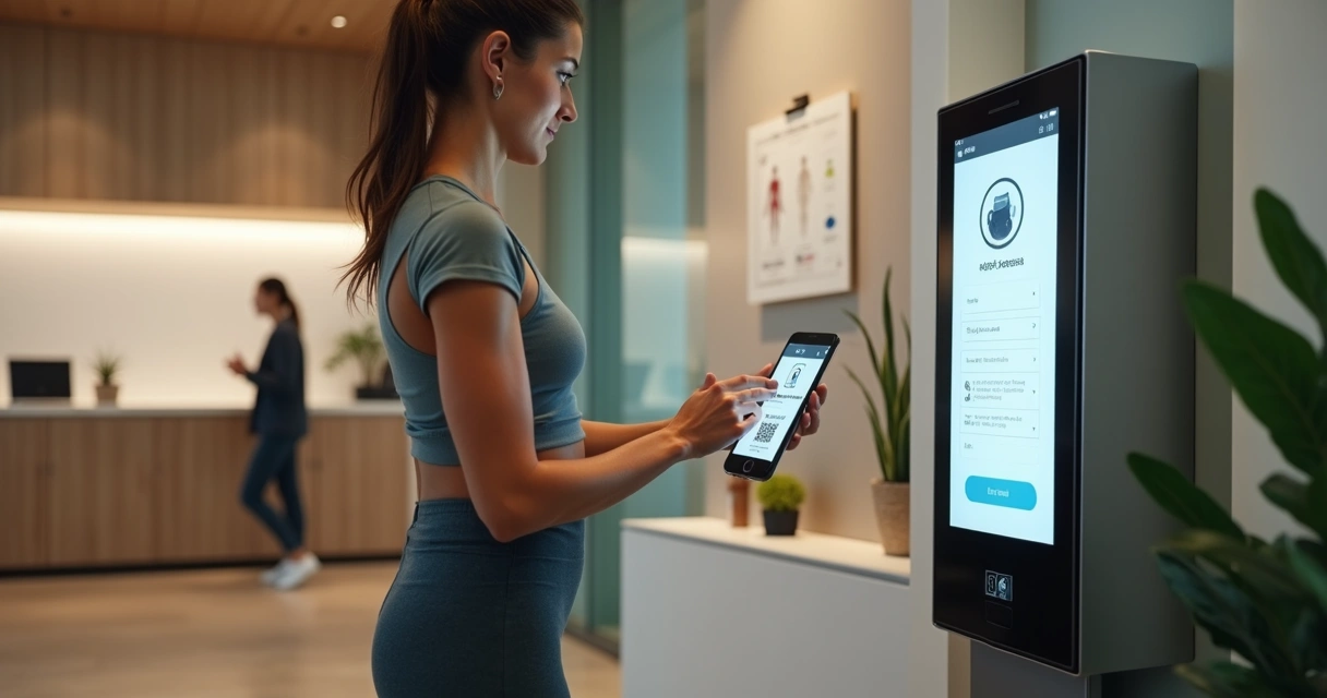 Totem de autoatendimento para check-in em clínica de nutrição integrada a app no celular 