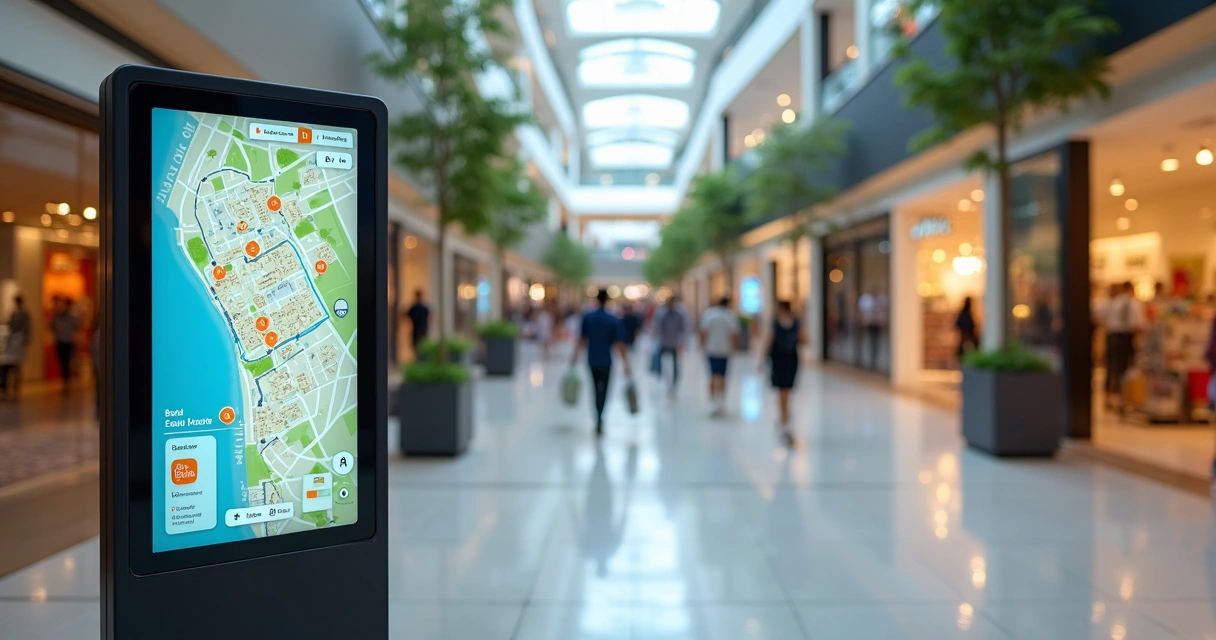 Totem digital com mapa interativo em shopping 