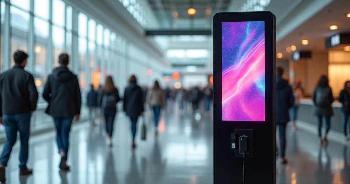 Totem carregador para celular com display digital em ambiente interno movimentado 