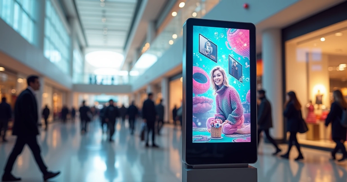 Totem digital exibindo publicidade indoor em ambiente com grande circulação de pessoas 