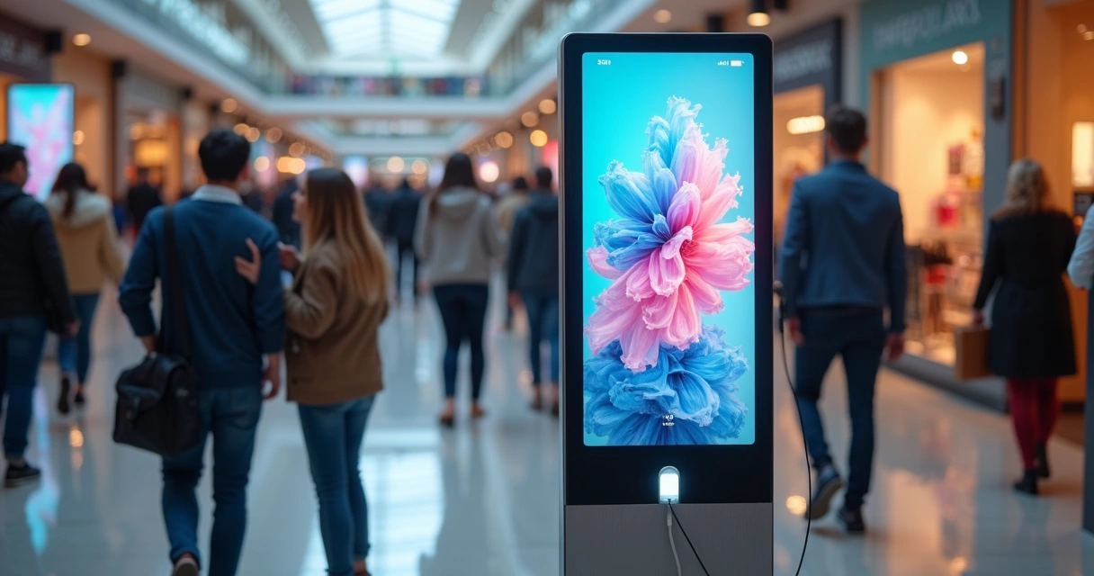 Totem com display digital em shopping movimentado 