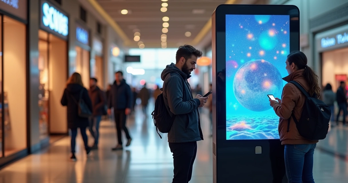 Totem publicitário digital com pessoas recarregando celulares 
