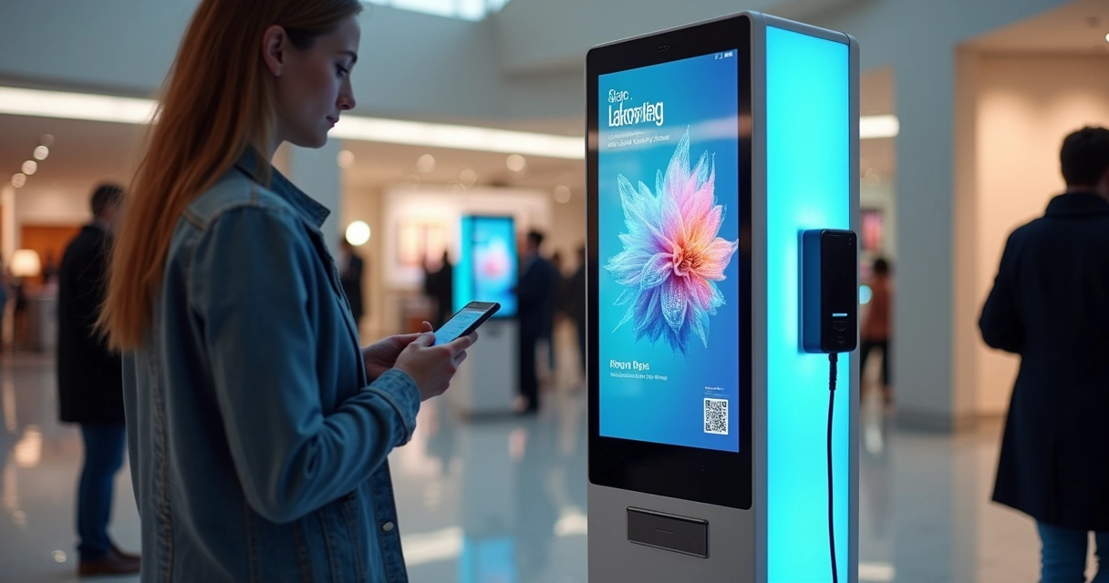 Totem de carregador de celular com tela digital exibindo anúncios 