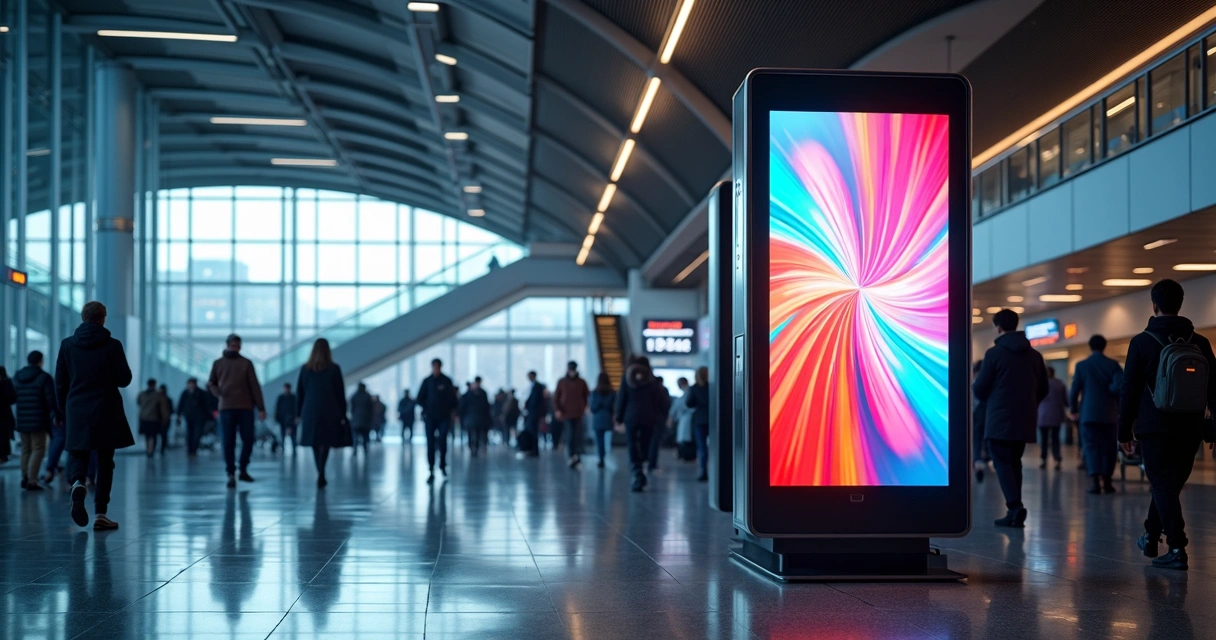 Totem digital moderno exibindo anúncios em tela LED em uma estação movimentada 