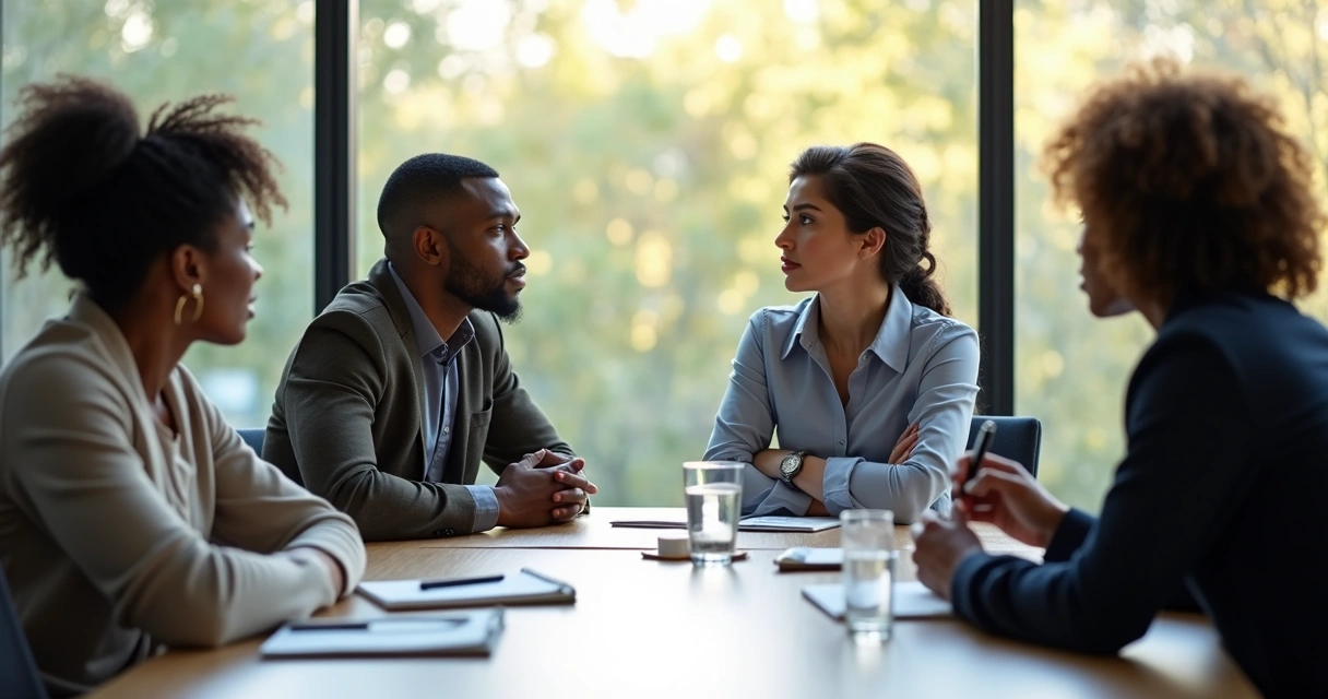 Diverse group having a tense team meeting 