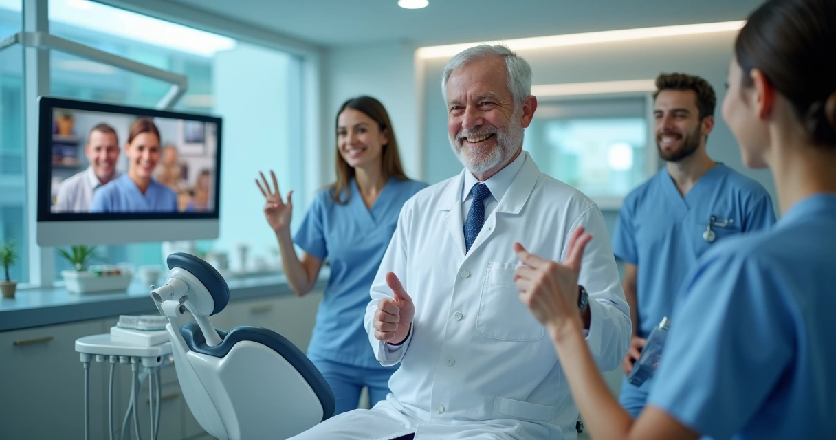 Dentista apresentando consultório moderno em live ao público online