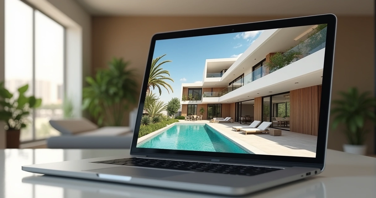 Tour virtual por imóvel visto em notebook com planta e animação 