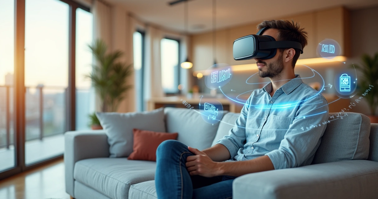 Cliente usando óculos de realidade virtual para explorar apartamento em tour 360 