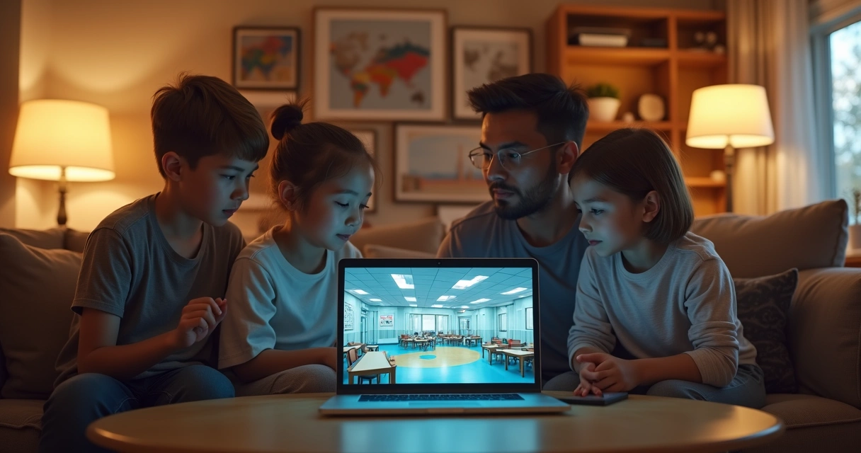 Família assistindo tour virtual em escola pelo notebook 