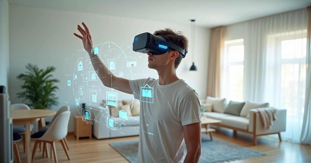 Pessoa usando óculos de realidade virtual para tour em imóvel 
