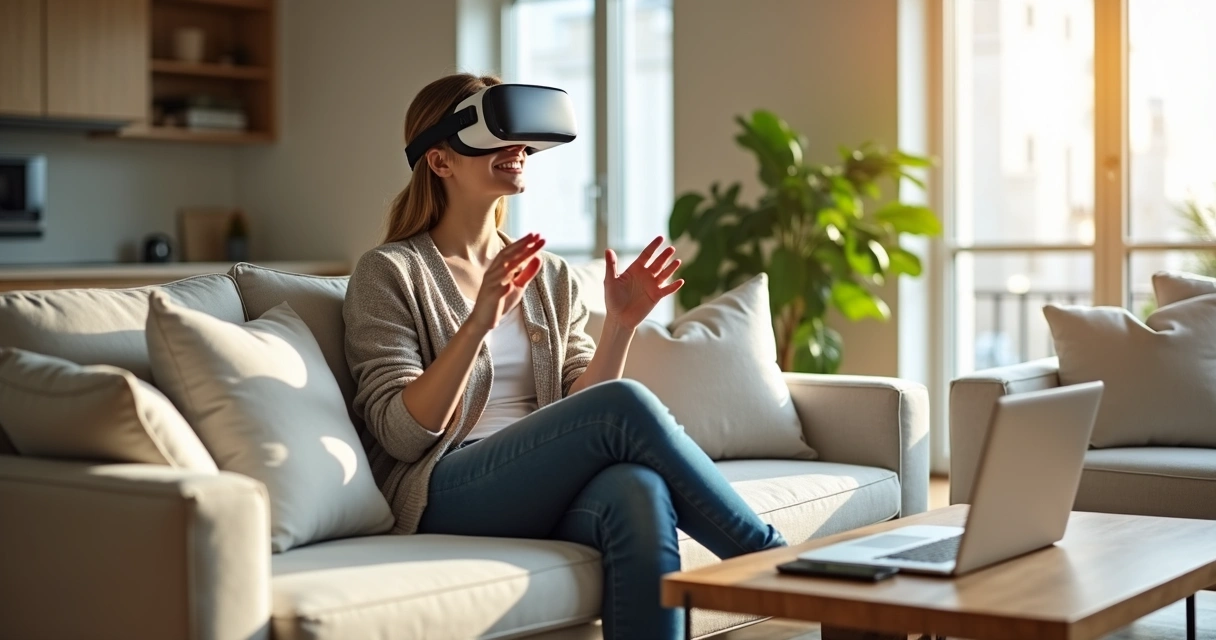 Pessoa usando óculos de realidade virtual em sala de estar moderna 