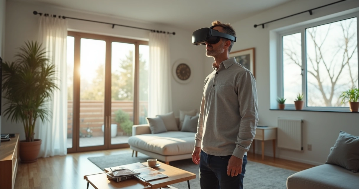 Cliente usando óculos de realidade virtual para tour por imóvel 