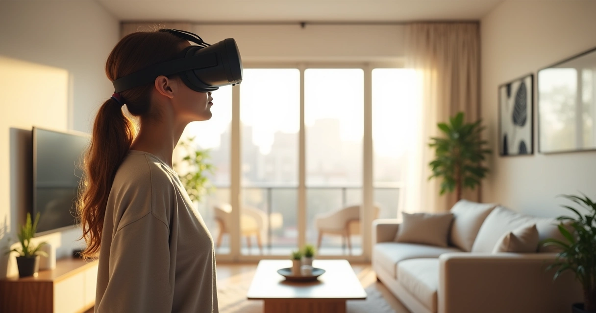 Cliente usando óculos de realidade virtual para visitar imóvel online 