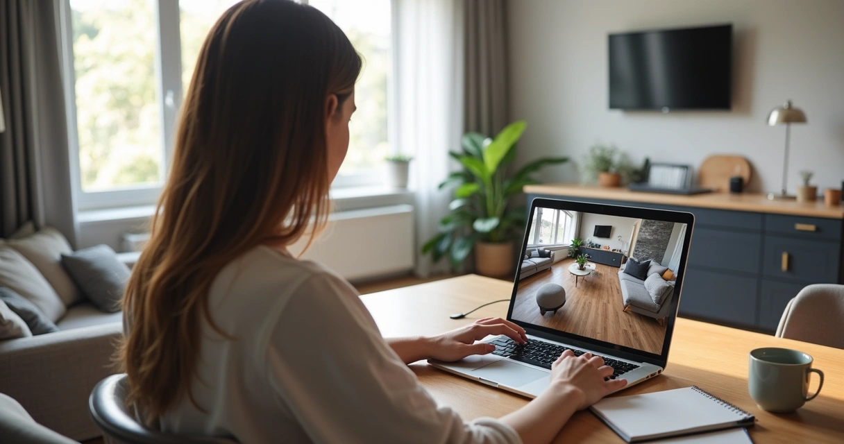 Cliente vendo tour virtual de apartamento em laptop 