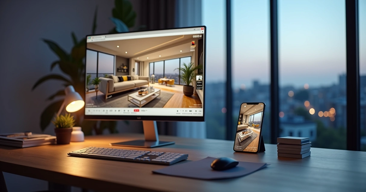 Sala de apartamento sendo vista em tour virtual 360 no computador e em vídeo no celular lado a lado 